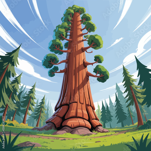 Cartoon illustration of a giant sequoia tree in a forest setting with blue sky and clouds