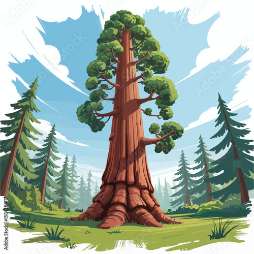 Cartoon illustration of a giant sequoia tree in a forest with blue sky and clouds