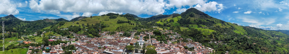 Fototapeta premium Titiribi, Antioquia - Colombia. July 12, 2025. Aerial view with a drone. Municipality with 11,053 inhabitants.