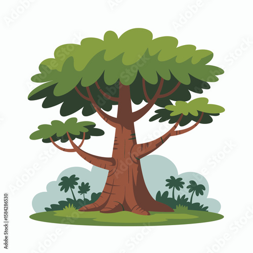 Cartoon kapok tree illustration with green foliage and brown trunk on a grassy area