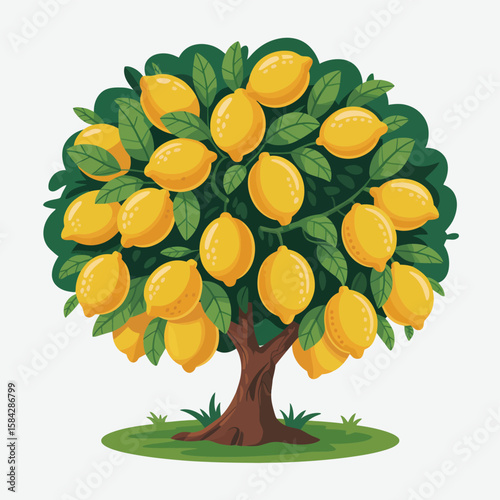 Cartoon Lemon Tree with Yellow Lemons and Green Leaves on a White Background 1