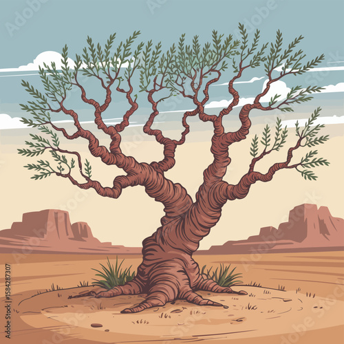 Cartoon Mesquite Tree in Desert Landscape with Twisted Trunk and Branches