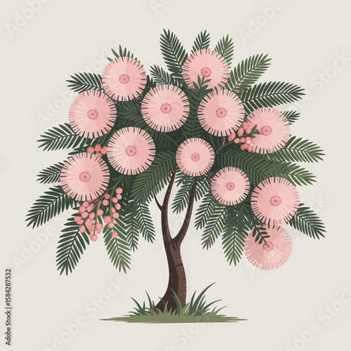 Cartoon Mimosa Tree Illustration with Pink Flowers and Green Foliage