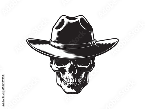 Skull wear cowboy hat engraving black and white outline. Scratch board imitation. Cowboy hat skull silhouette vector illustration 