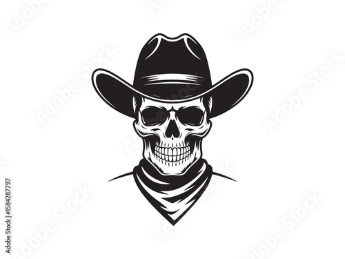 Skull wear cowboy hat engraving black and white outline. Scratch board imitation. Cowboy hat skull silhouette vector illustration 