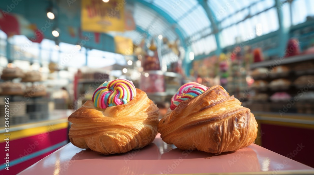 Fototapeta premium Delicious croissants topped with colorful candy, a sweet indulgence.