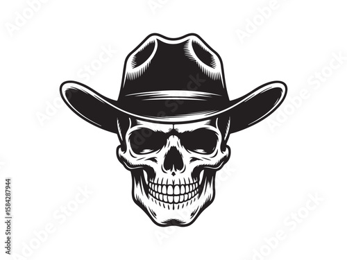 Skull wear cowboy hat engraving black and white outline. Scratch board imitation. Cowboy hat skull silhouette vector illustration 