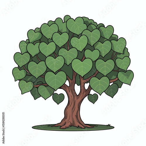 Cartoon peepal tree with heart-shaped leaves brown trunk and green grass isolated on white