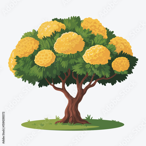Cartoon Peltophorum Tree Illustration with Yellow Flowers and Green Foliage on a White Background