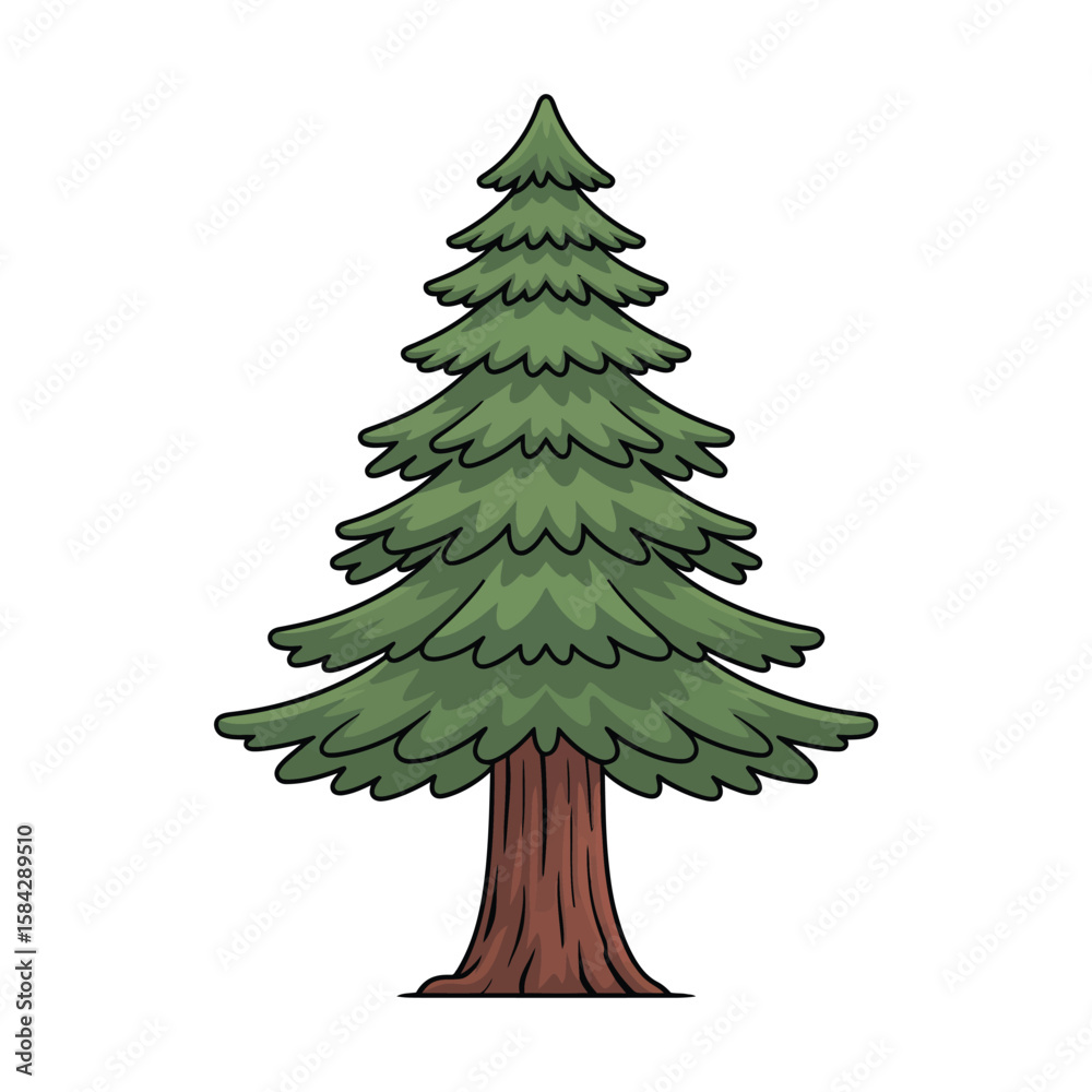 Fototapeta premium Cartoon Redwood Tree Illustration with Green Foliage and Brown Trunk on White Background