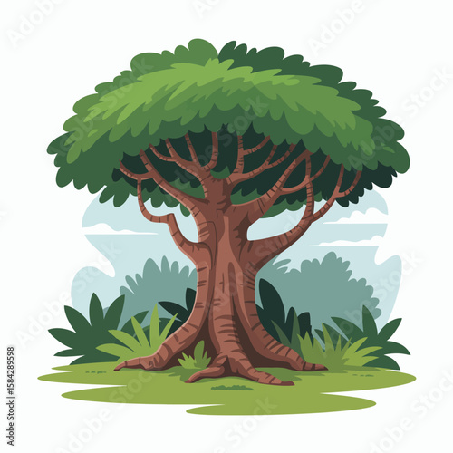 Cartoon rainforest tree illustration with green foliage brown trunk and grass on a white background