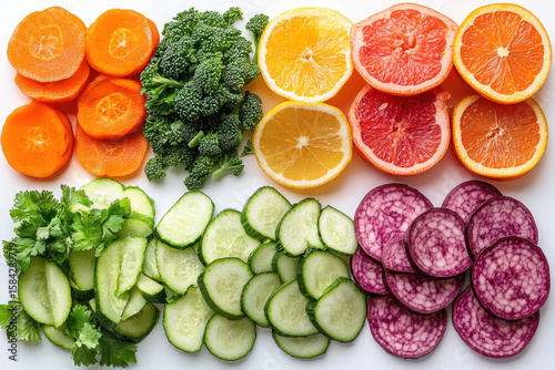 White cutting board with sliced vegetables and a chef's knife.