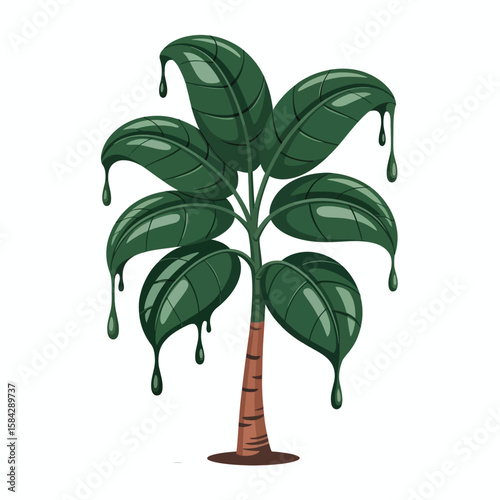 Cartoon Rubber Tree Illustration with Glossy Green Leaves and Dripping Liquid