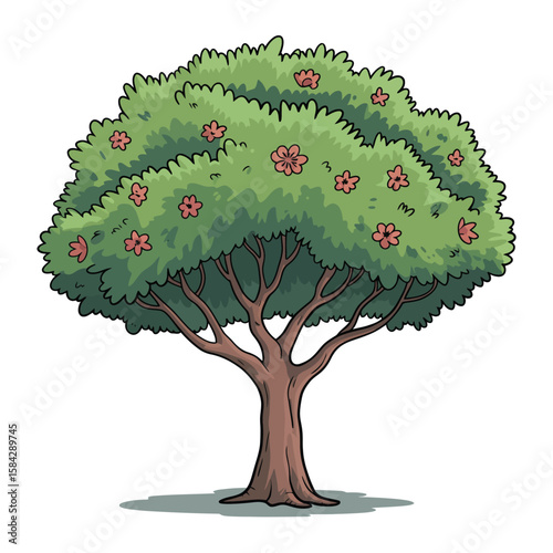Cartoon Sal Tree Illustration with Green Canopy and Pink Flowers