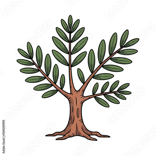 Cartoon sandalwood tree illustration with brown trunk green leaves and roots on white