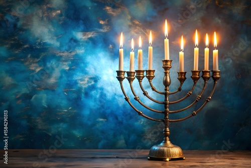 Seven lit candles on a brass menorah against a dramatic blue and gold textured background
