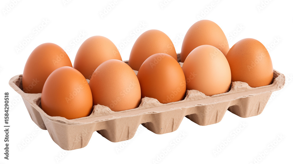 Fresh brown eggs sit in a carton against a transparent background ready for cooking. Fresh brown eggs sit in a carton against a transparent background ready for cooking.