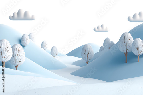 Pastel Winter Landscape with Snow Covered Hills and Trees on Transparent Background for Holiday Season Illustration, PNG