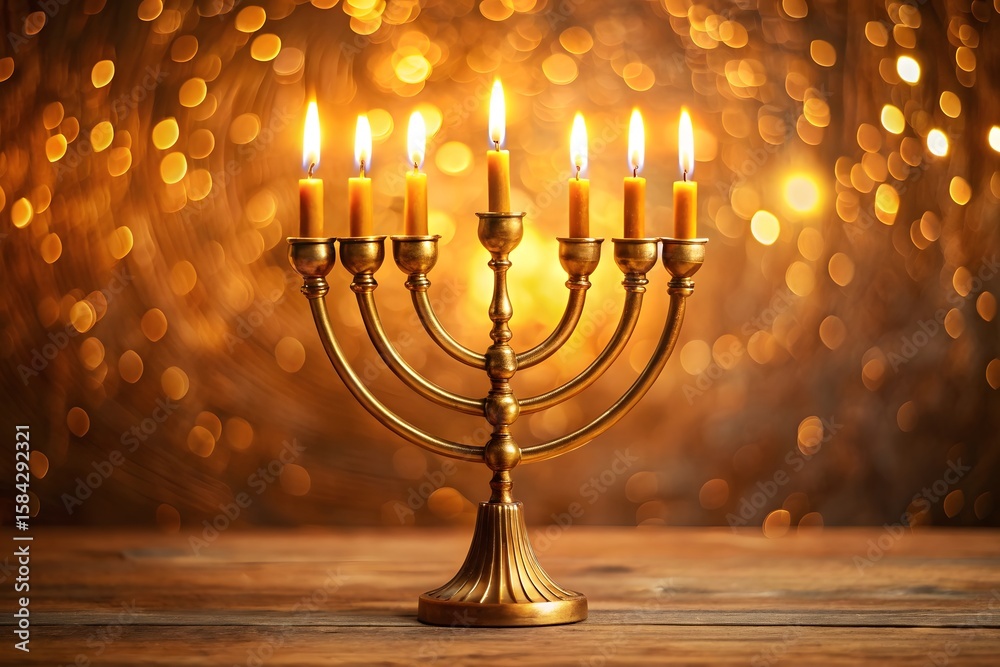 Fototapeta premium Seven lit candles on a golden menorah with a warm bokeh background