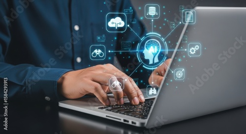 Photo of businessman using laptop with artificial intelligence and cloud computing