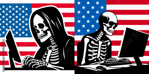 A Skeleton as Vet writing prescription professional. Independence Day 4th of July American Flag Print Clipart Vector Illustration. Bony figure like doctor crafting health advice at job.