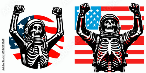 A Skeleton as Astronaut celebrating return joyful. Independence Day 4th of July American Flag Print Clipart Vector Illustration. Bony spaceman exulting arrival happy bone person back.