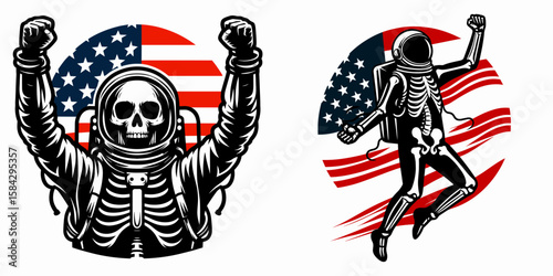 A Skeleton as Astronaut celebrating return joyful. Independence Day 4th of July American Flag Print Clipart Vector Illustration. Bony spaceman enjoys homeland arrival with merriment orbital.