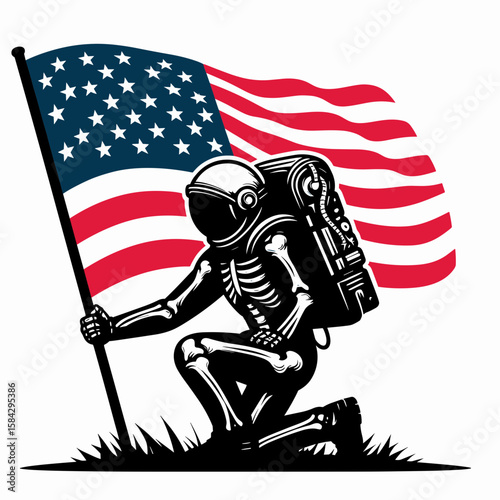 A Skeleton as Astronaut planting flag proud. Independence Day 4th of July American Print Clipart Vector Illustration. Bony cosmonaut placing marker joyful area expedition space voyage.