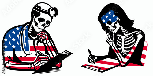 A Skeleton as Doctor writing prescription thoughtfully. Independence Day 4th of July American Flag Print Clipart Vector Illustration. Bony medic crafting remedy plan with focus thoughtful.