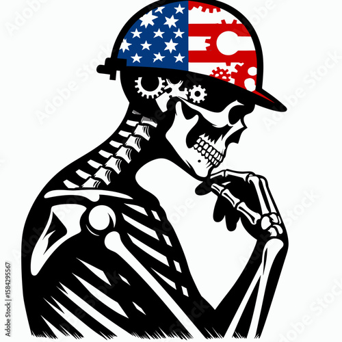 A Skeleton as Engineer adjusting gear thoughtfully. Independence Day 4th of July American Flag Print Clipart Vector Illustration. Bones mechanic fixing cogwheel thoughtful design inventive.