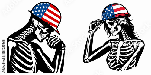 A Skeleton as Engineer drawing design with concentration. Independence Day 4th of July American Flag Print Clipart Vector Illustration. Bony architect sketching plan focus dead frame.