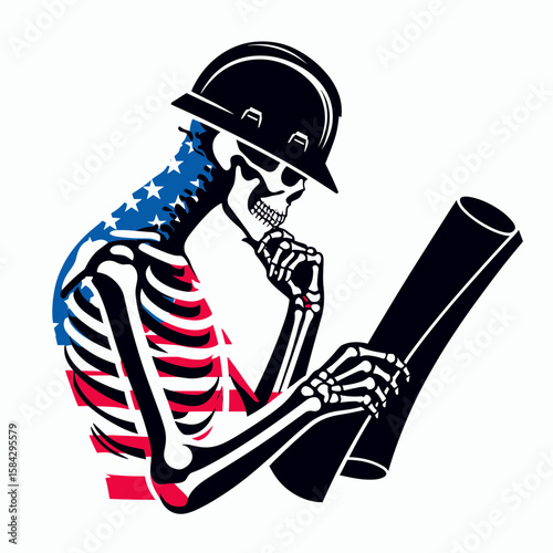 A Skeleton as Engineer examining blueprint intensely. Independence Day 4th of July American Flag Print Clipart Vector Illustration. skeletal builder inspect plan closely with great focus.
