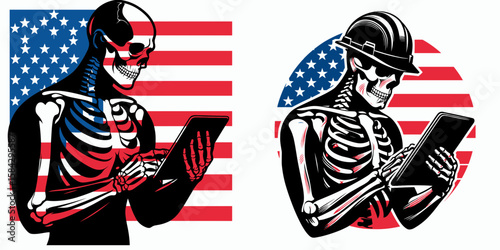 A Skeleton as Engineer holding tablet analyzing. Independence Day 4th of July American Flag Print Clipart Vector Illustration. Bony technician with display device examining data building.