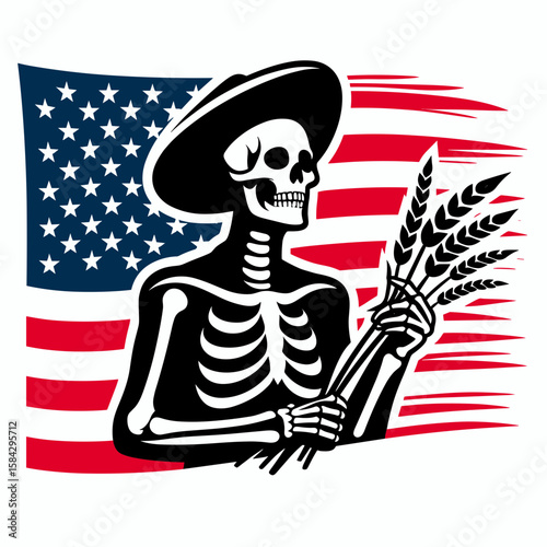 A Skeleton as Farmer smiling at successful yield. Independence Day 4th of July American Flag Print Clipart Vector Illustration. Bony harvester glad about abundant crop bone mans good.