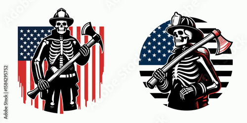 A Skeleton as Firefighter carrying axe determinedly. Independence Day 4th of July American Flag Print Clipart Vector Illustration. Bone man fire rescuer with hatchet resolve.