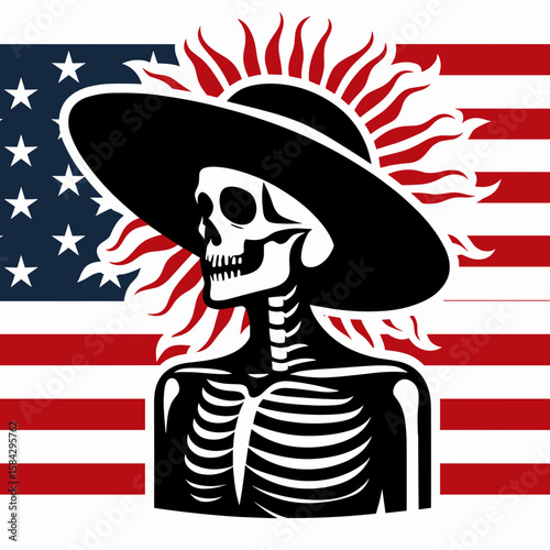 A Skeleton as Farmer wearing hat shielding sun. Independence Day 4th of July American Flag Print Clipart Vector Illustration. Bony figure tending soil headwear blocking light farm concept.