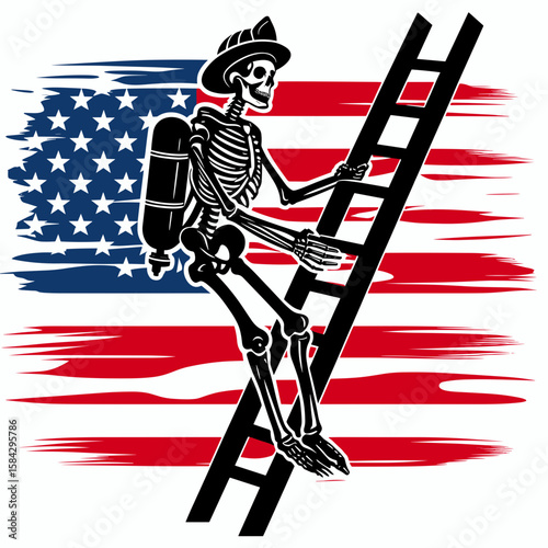 A Skeleton as Firefighter climbing ladder urgently. Independence Day 4th of July American Flag Print Clipart Vector Illustration. Bony figure worker saving person rise swiftly on stair.