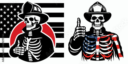 A Skeleton as Firefighter giving thumbs up proudly. Independence Day 4th of July American Flag Print Clipart Vector Illustration. Bony rescuer hero displaying approval brave undead bone man.