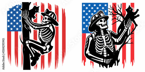 A Skeleton as Firefighter rescuing kitten from tree. Independence Day 4th of July American Flag Print Clipart Vector Illustration. Bony rescuer aids feline friend in high treetop perch.