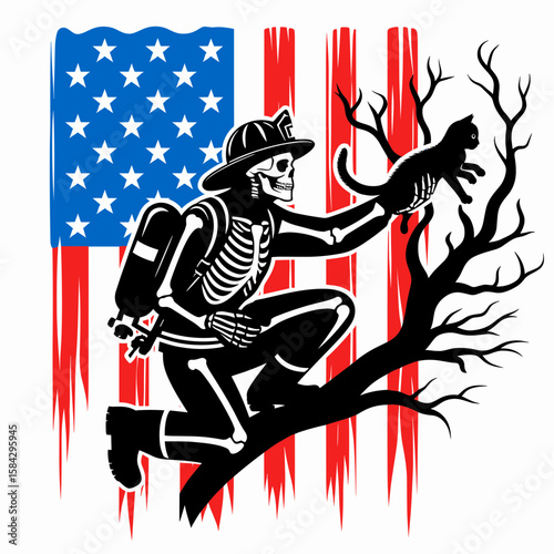 A Skeleton as Firefighter rescuing kitten from tree. Independence Day 4th of July American Flag Print Clipart Vector Illustration. Bony rescuer aids young feline climbs vegetation job.