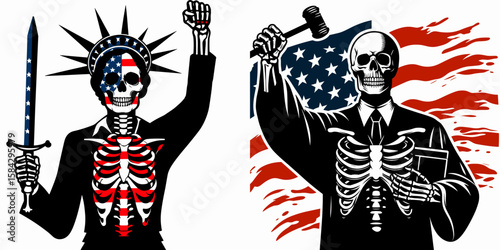 A Skeleton as Lawyer celebrating verdict relieved. Independence Day 4th of July American Flag Print Clipart Vector Illustration. Bony attorney jubilant after court ruling brings comfort win.