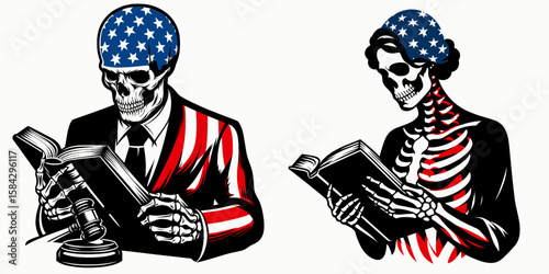 A Skeleton as Lawyer reading legal book studious. Independence Day 4th of July American Flag Print Clipart Vector Illustration. Bone advocate studies law delving into paper document.