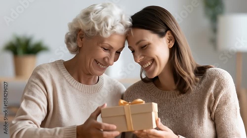 Affectionate gift exchange between mother and daughter