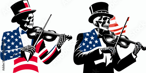 A Skeleton as Musician conducting orchestra confidently. Independence Day 4th of July American Flag Print Clipart Vector Illustration. Bone man player directing band with assurance musical.