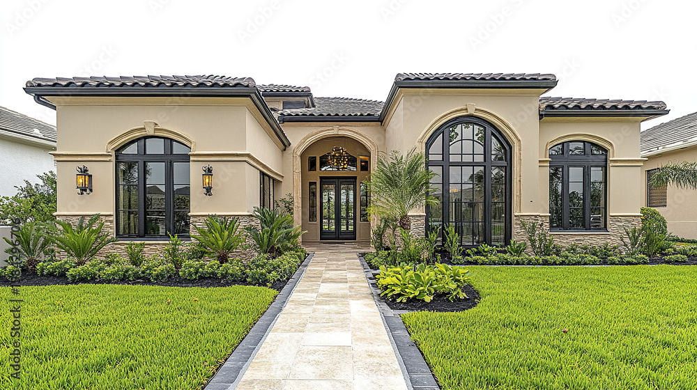 Obraz premium Large beige house with arched windows and tiled roof surrounded by green grass and landscaped plants, creating welcoming and elegant exterior view