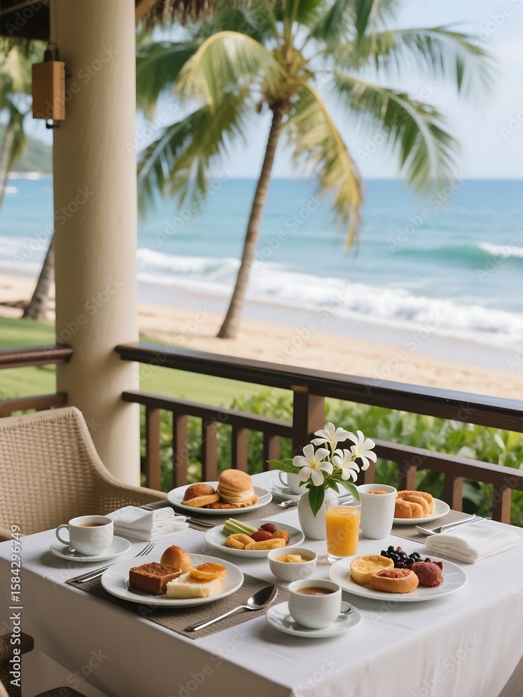 Obraz premium A breakfast at a tropical resort, with the gentle sound of waves lapping at the shore while the air carries the scent of jasmine and saltwater