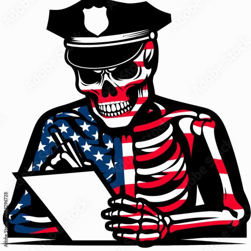 A Skeleton as Police officer writing ticket with stern face. Independence Day 4th of July American Flag Print Clipart Vector Illustration. Bony law enforcer penning summons serious look.