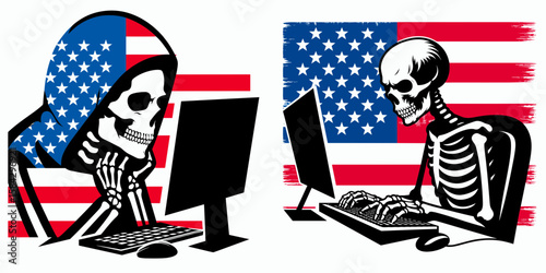 A Skeleton as Programmer staring at screen in concentration. Independence Day 4th of July American Flag Print Clipart Vector Illustration. Bony coder viewing display intently working hard.