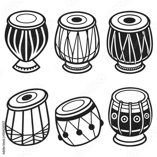 Collection of 16 different musical drum and tabla instruments silhouette isolated on white background