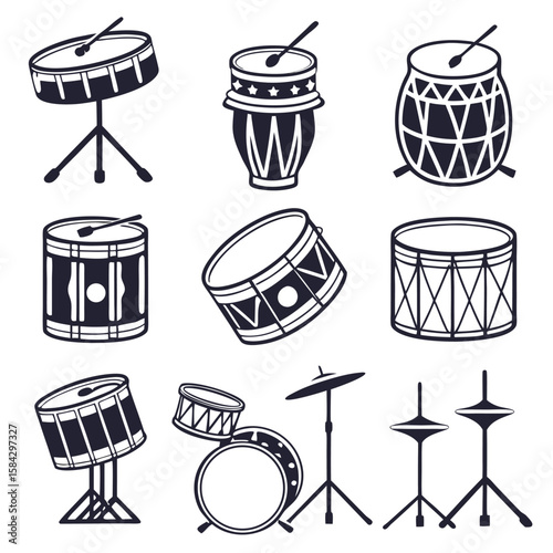 Collection of 16 different musical drum silhouettes isolated on white background